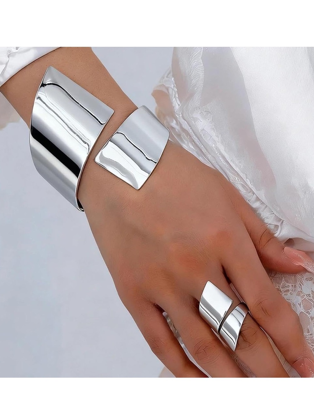 Modern Sculptural Silver Cuff & Matching Ring Set